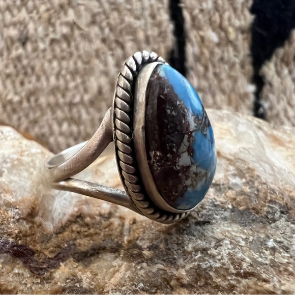 ❤️ Golden Hills Turquoise Brushed 925 Southwestern Navajo Ring SZ 8 Matte Stone - Picture 3 of 15